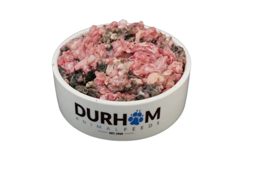 Chicken & Tripe Durham Complementary Minces are avaliable in 454g packs and offer a wide range of proteins, including varying amounts of meat, bone, and offal. The bone content may differ between different proteins.