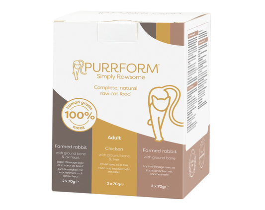 Purrform Raw Adult Cat Food Pouches | Mixed Box Farmed Rabbit/Chicken/Farmed Rabbit