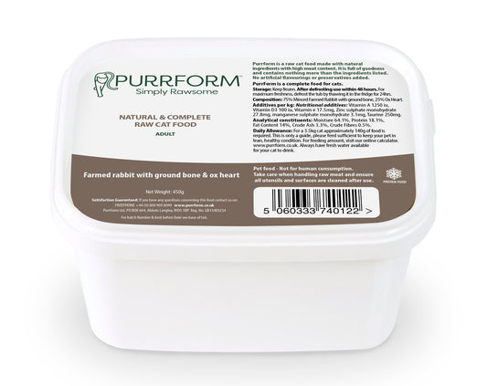Purrform Raw Adult Cat Food Tub | Farmed Rabbit with Ox Heart 450g