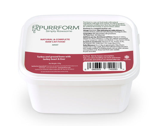 Purrform Raw Adult Cat Food Tub | Turkey & Ground Bone with Turkey Heart & Liver 450g