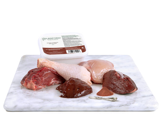 Purrform Raw Adult Cat Food Tub | Beef Trim & Chicken with Ox Heart & Beef Liver 450g
